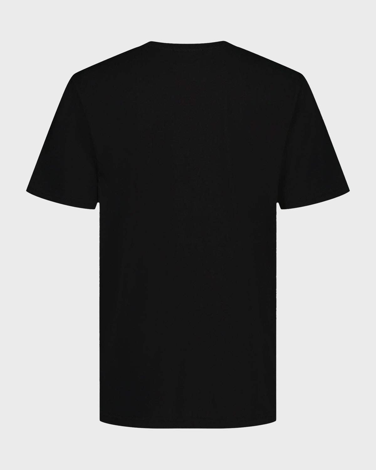 Black short sleeve t-shirt with crew neckline, shown from back view on neutral background.