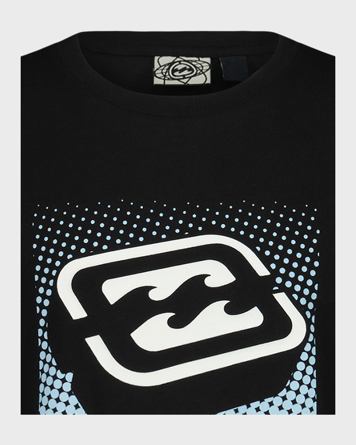 Black short sleeve t-shirt with white and light blue 3D geometric graphic design on chest.