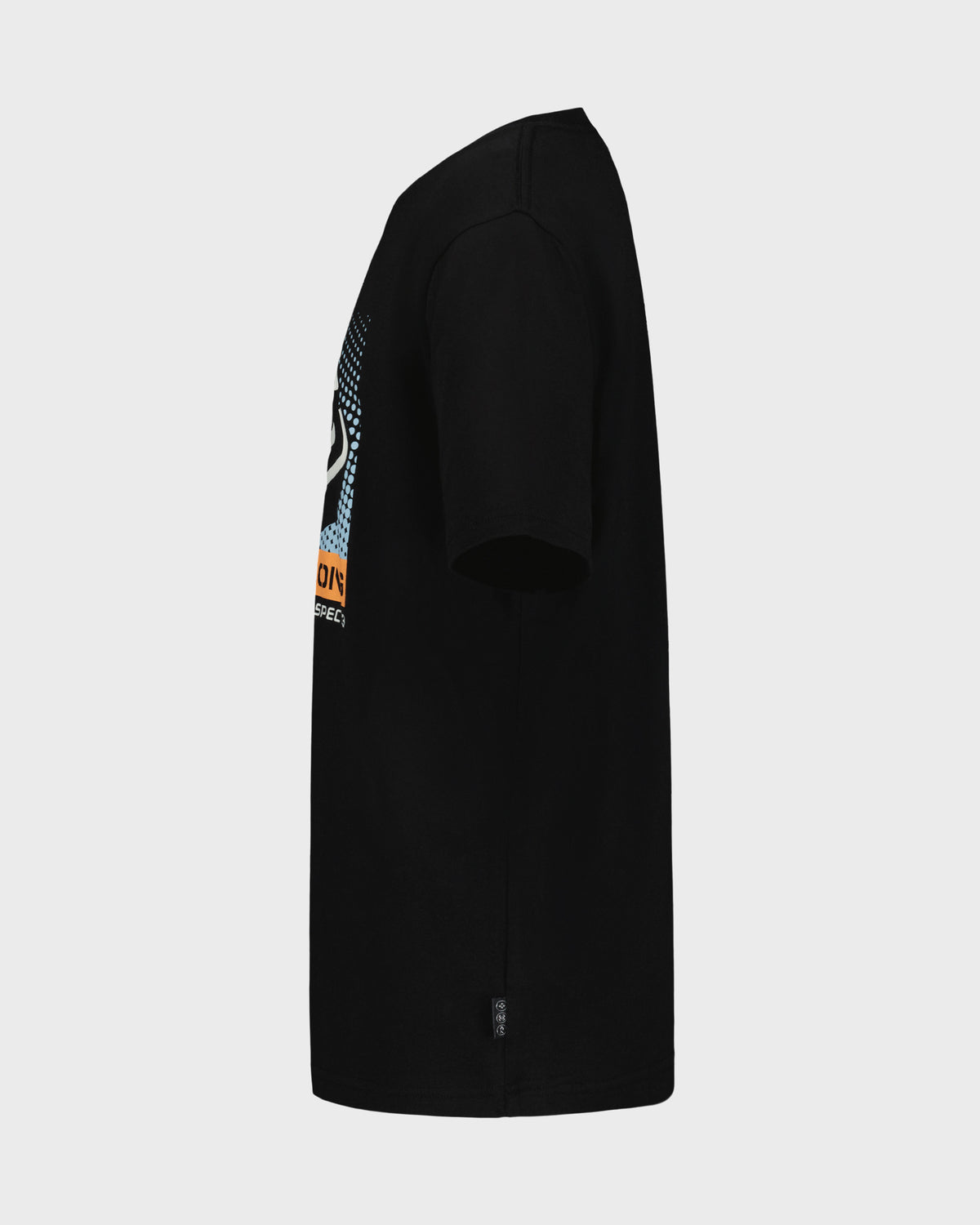 Black short sleeve t-shirt with checkered pattern and orange text graphic on the side.