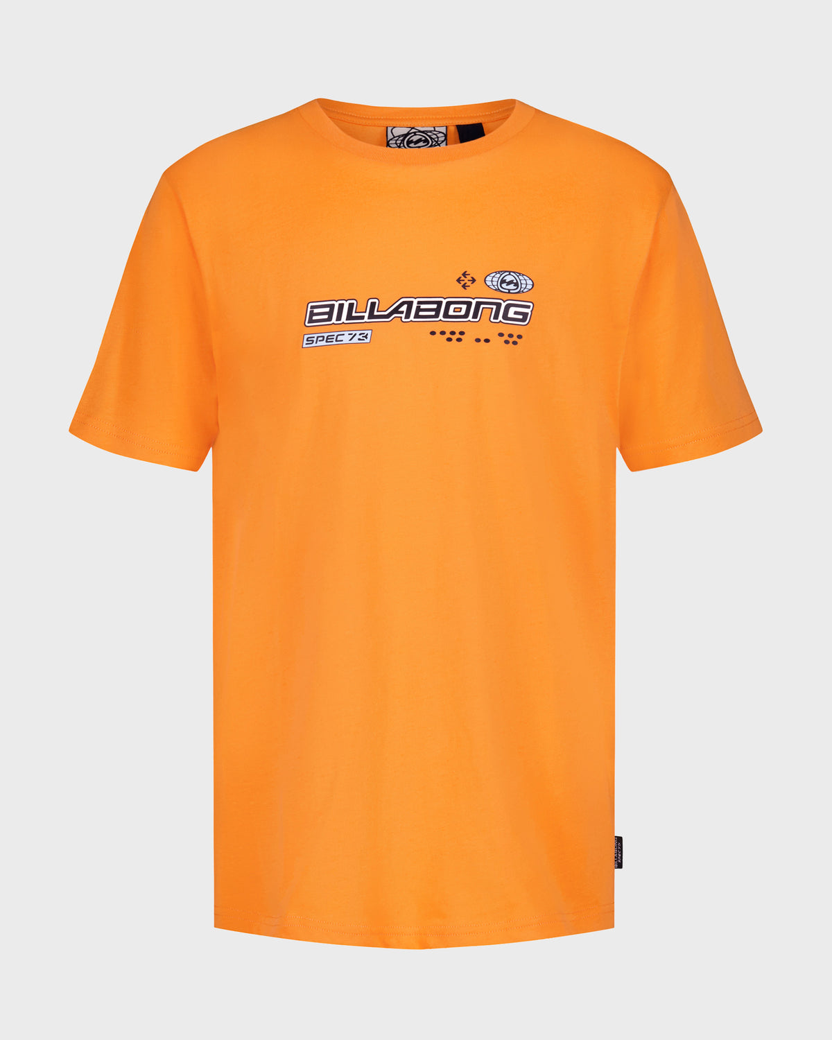 Orange short sleeve t-shirt with Billabong Spec 73 logo and graphic print on chest.