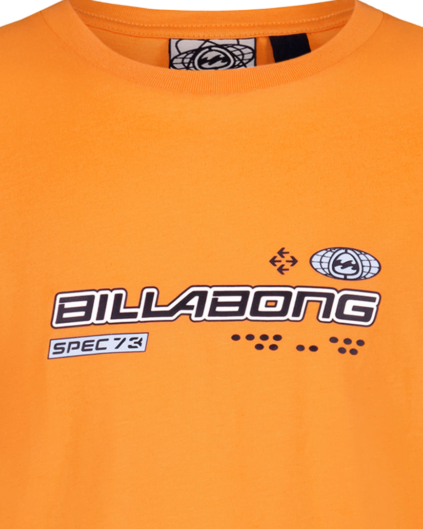 Orange short sleeve t-shirt with Billabong Spec 73 graphic print and logo on chest.