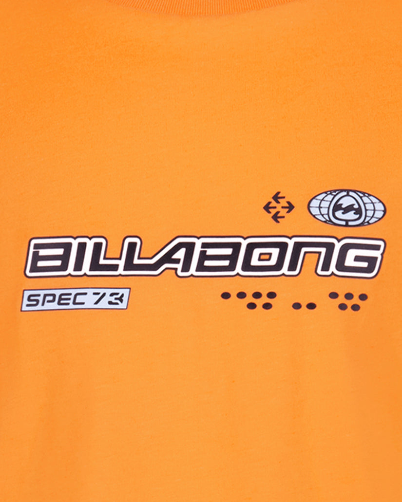 Orange t-shirt with Billabong Spec 73 logo and graphic design featuring globe and signal icons.