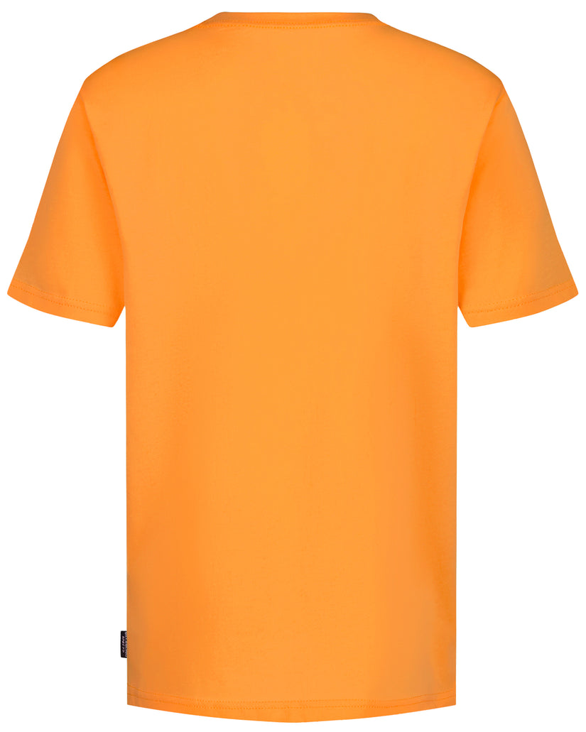 Orange short-sleeve t-shirt with crew neckline and small brand label on lower left side.