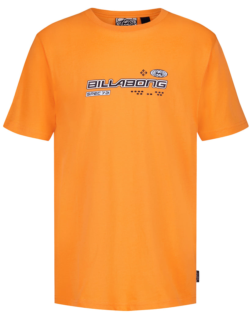 Orange short-sleeve t-shirt with Billabong Spec73 logo and graphic print on chest.