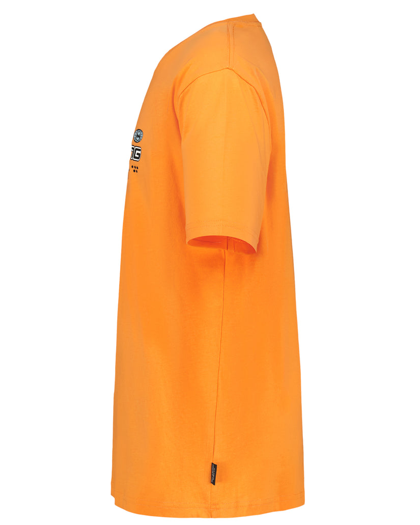 Orange short-sleeve t-shirt with small graphic logo on left sleeve.