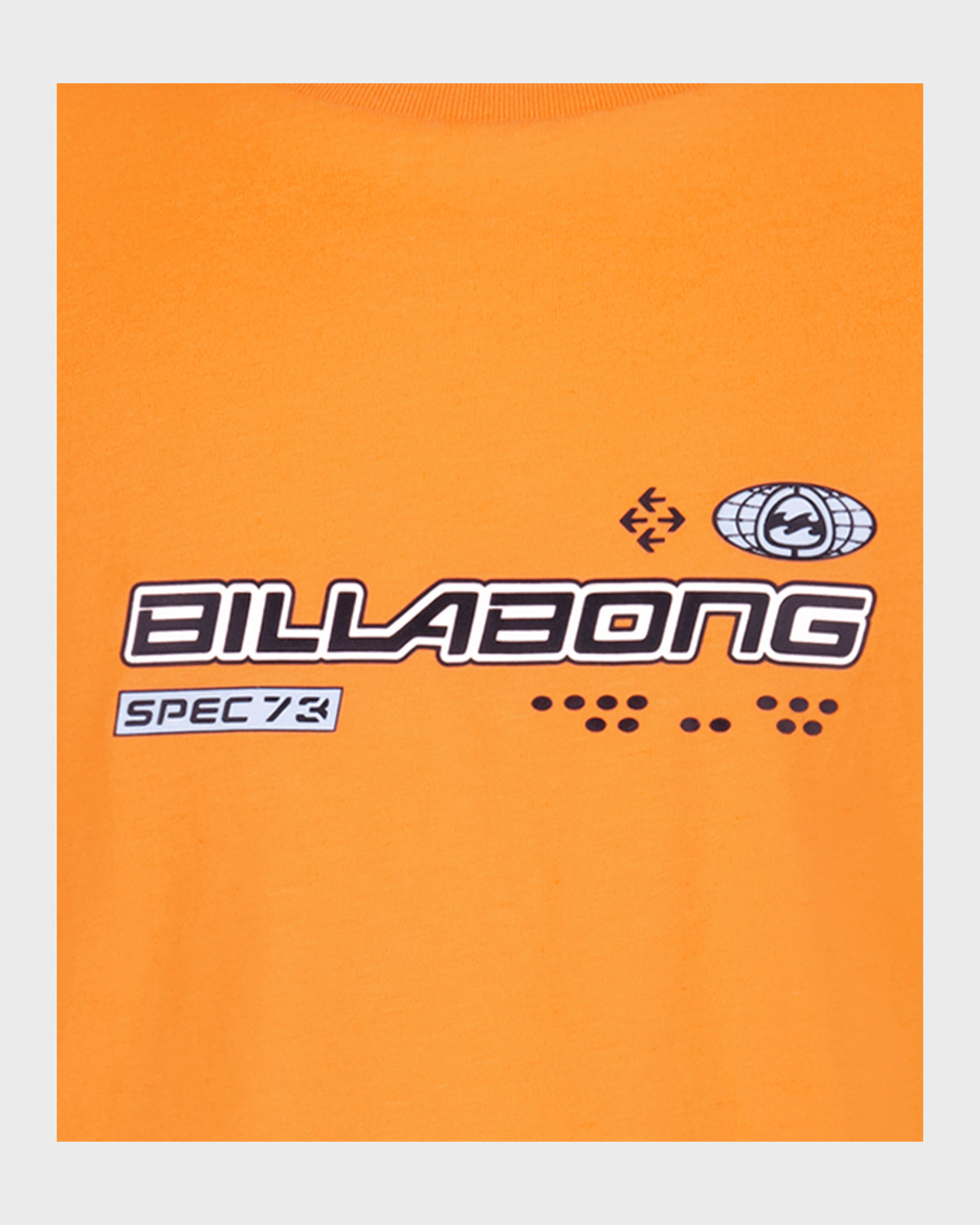 Bright orange t-shirt with "Billabong Spec 73" logo and graphic design in white and dark blue.