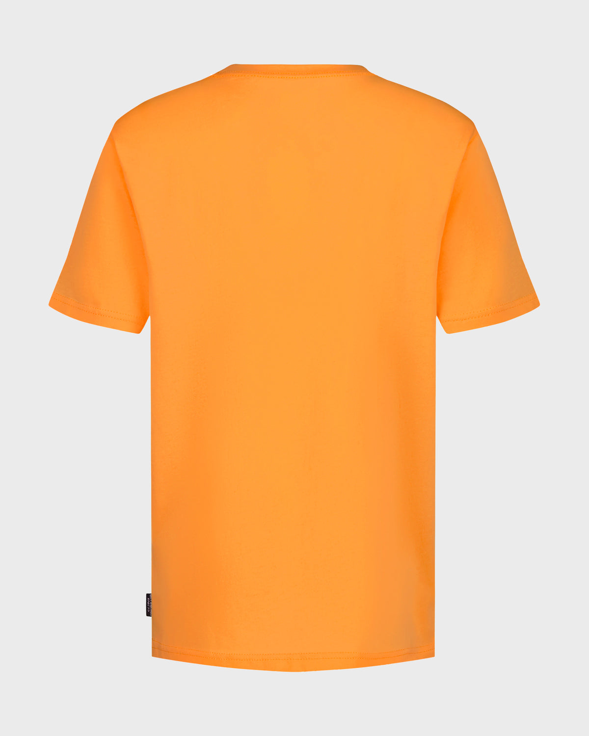 Bright orange short-sleeve t-shirt with crew neckline, shown from back view on neutral background.