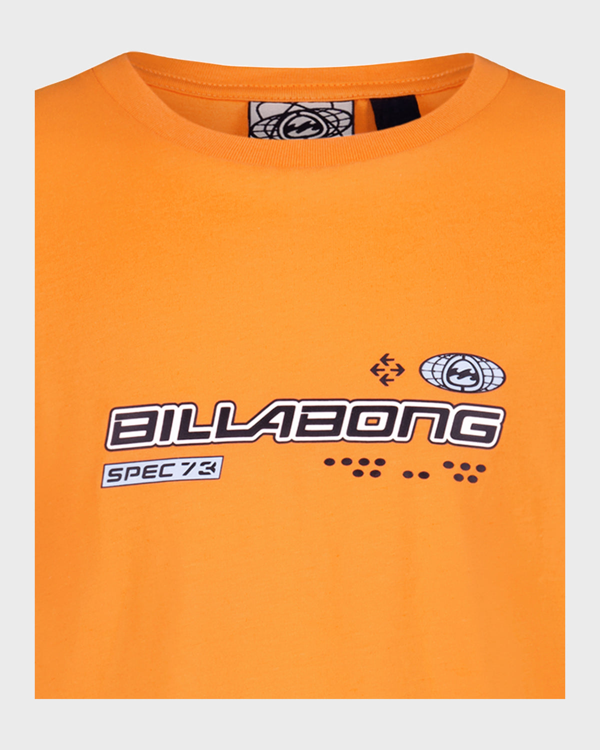 Orange short-sleeve t-shirt with Billabong Spec 73 graphic print and decorative symbols on chest.