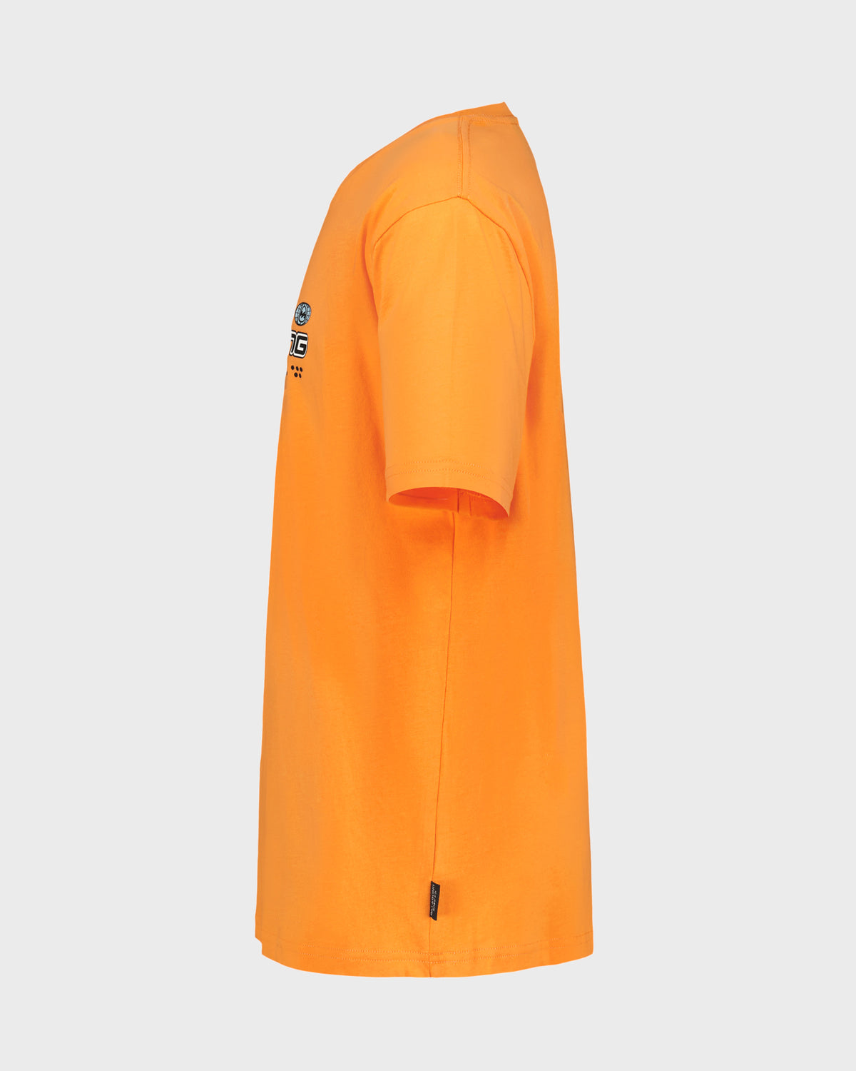 Bright orange short sleeve t-shirt with small graphic logo on left sleeve, displayed flat against gray background.