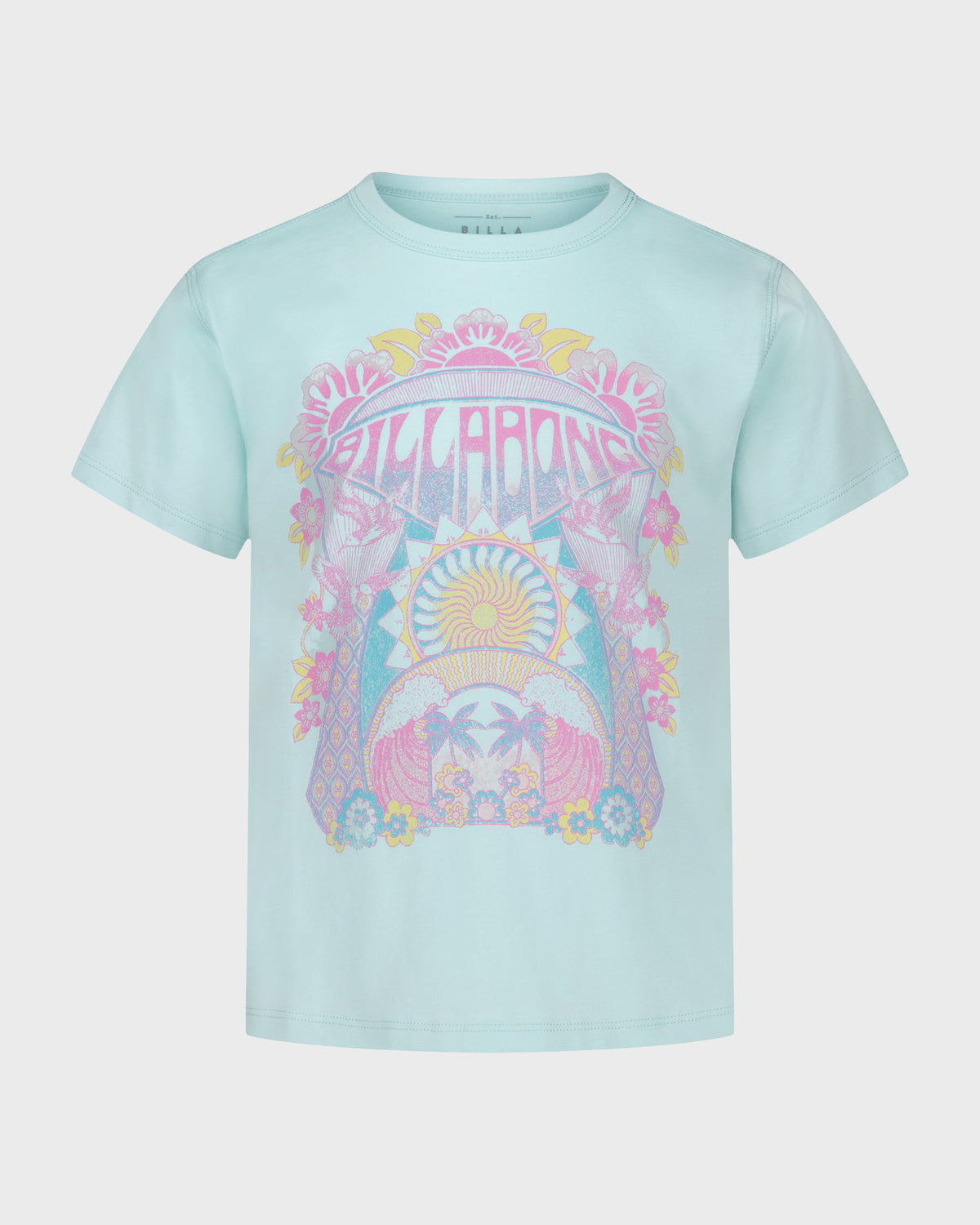 Light blue t-shirt with colorful celestial and floral graphic print featuring "Billabong" text and sun and moon imagery.