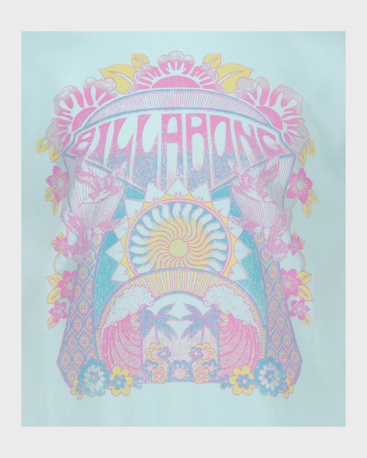 Light blue t-shirt featuring ornate pink and yellow graphic design with "Billabong" text, sun motif, and floral patterns.
