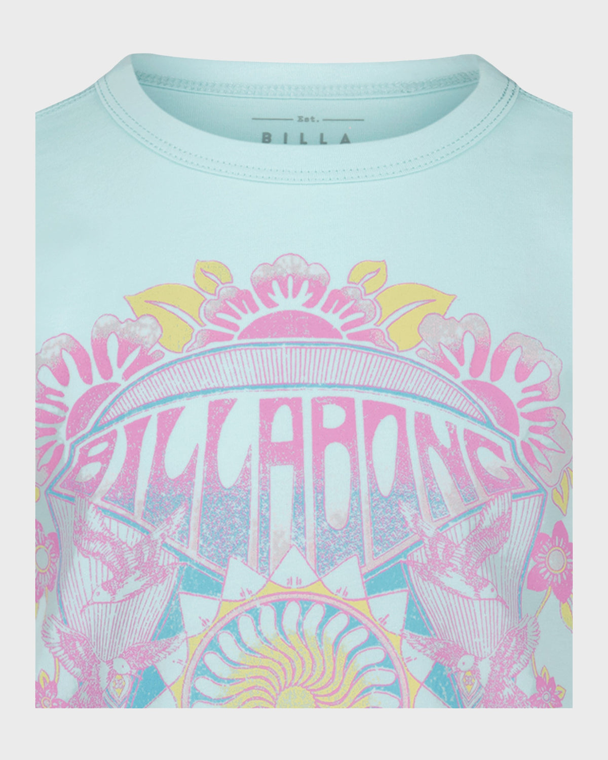 Light blue t-shirt with pink, yellow, and teal wave and sun graphic design across chest with "Billabong" text.