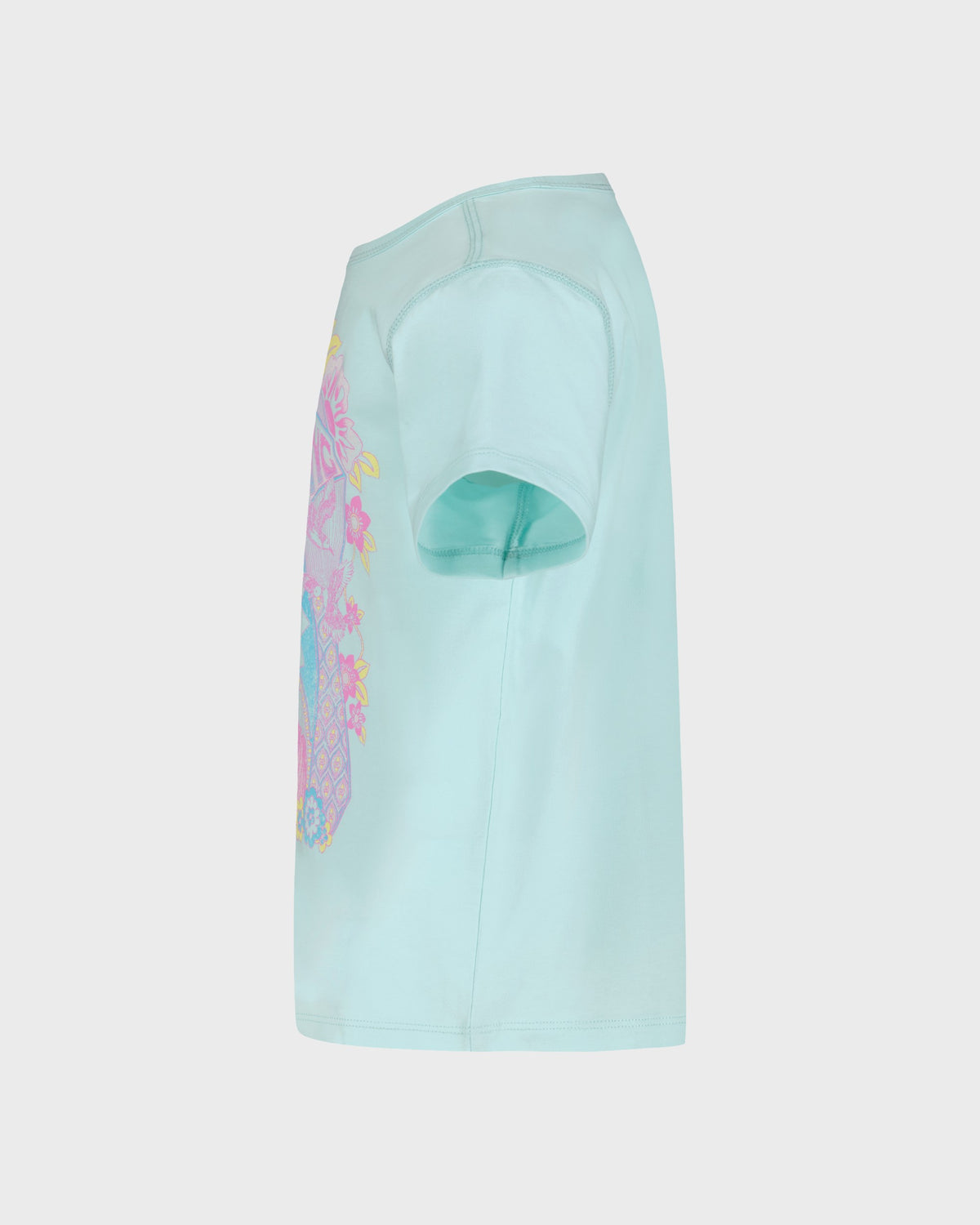 Light turquoise t-shirt with colorful floral and wave pattern graphic on the left side.