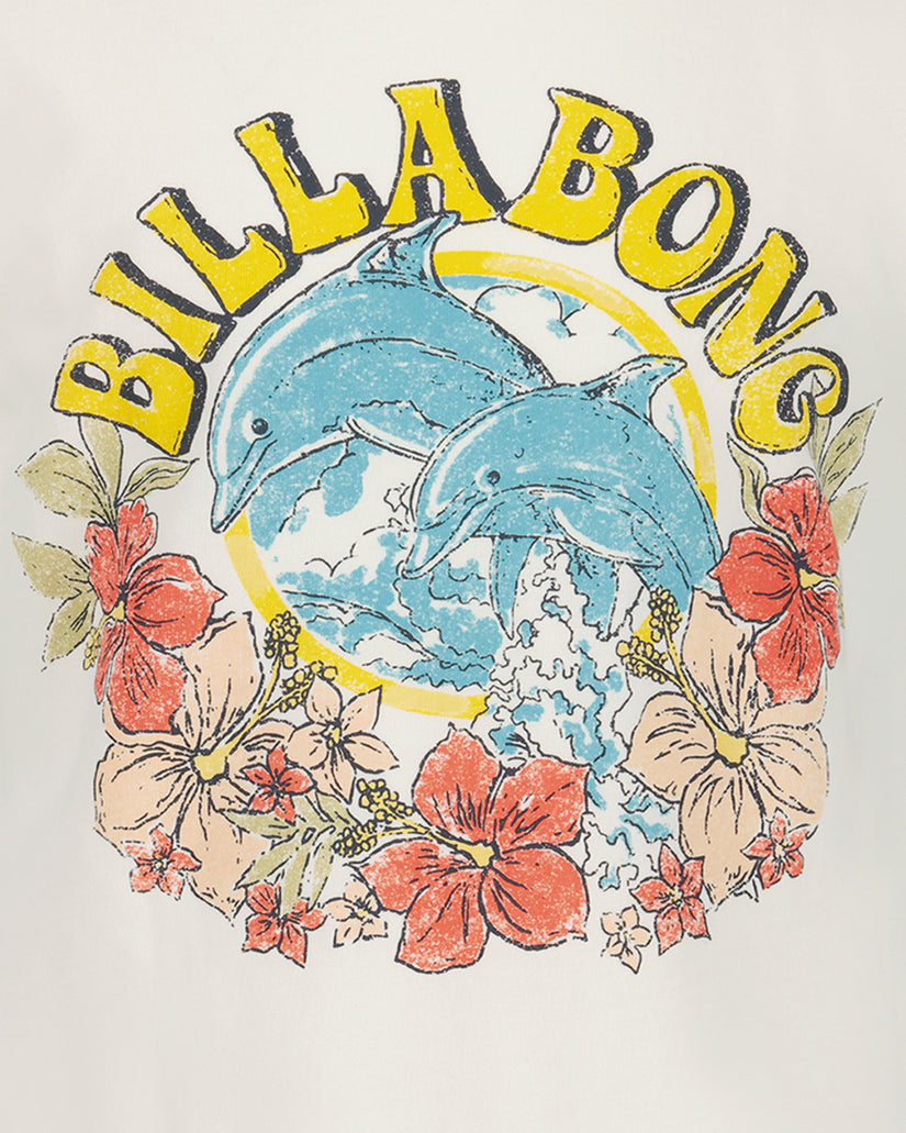 Cream t-shirt with yellow "Billabong" text arched above two blue dolphins jumping through water, surrounded by red and orange