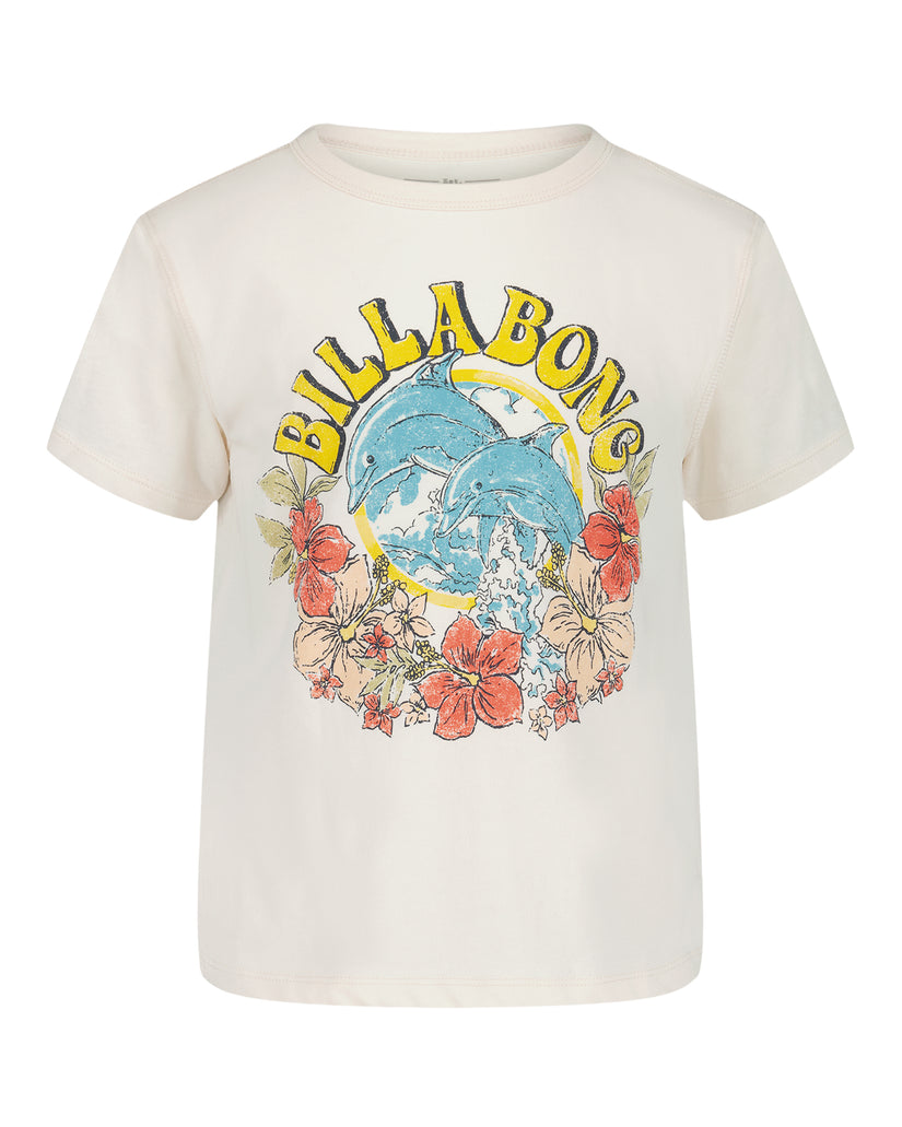 Cream t-shirt with blue dolphins and red flowers surrounding yellow "Billabong" text.