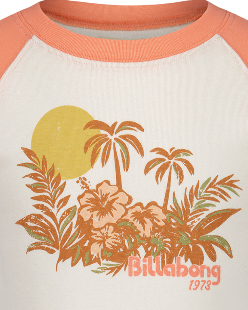Cream and coral raglan t-shirt with tropical print featuring palm trees, sun, and flowers with "Billabong 1978" text.