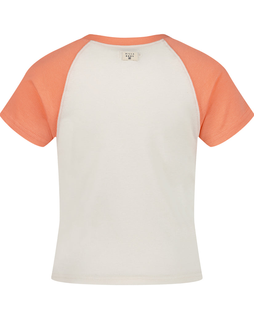 Girls t-shirt with cream front panel and coral short sleeves with ribbed neckline.