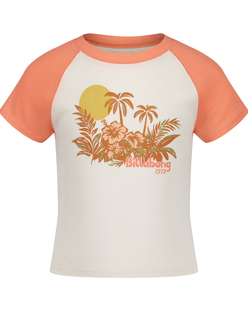 Girls' raglan t-shirt with cream body, coral sleeves, and tropical print featuring palm trees, sun, and foliage with "Billabo
