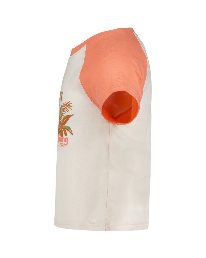 Cream and coral short-sleeve t-shirt with tropical palm graphic and text on front, coral back yoke.