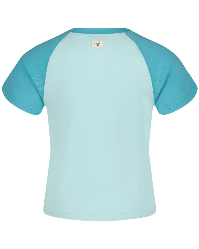 Girls' t-shirt with light blue body and teal raglan sleeves, crew neckline, and small brand label at back neck.