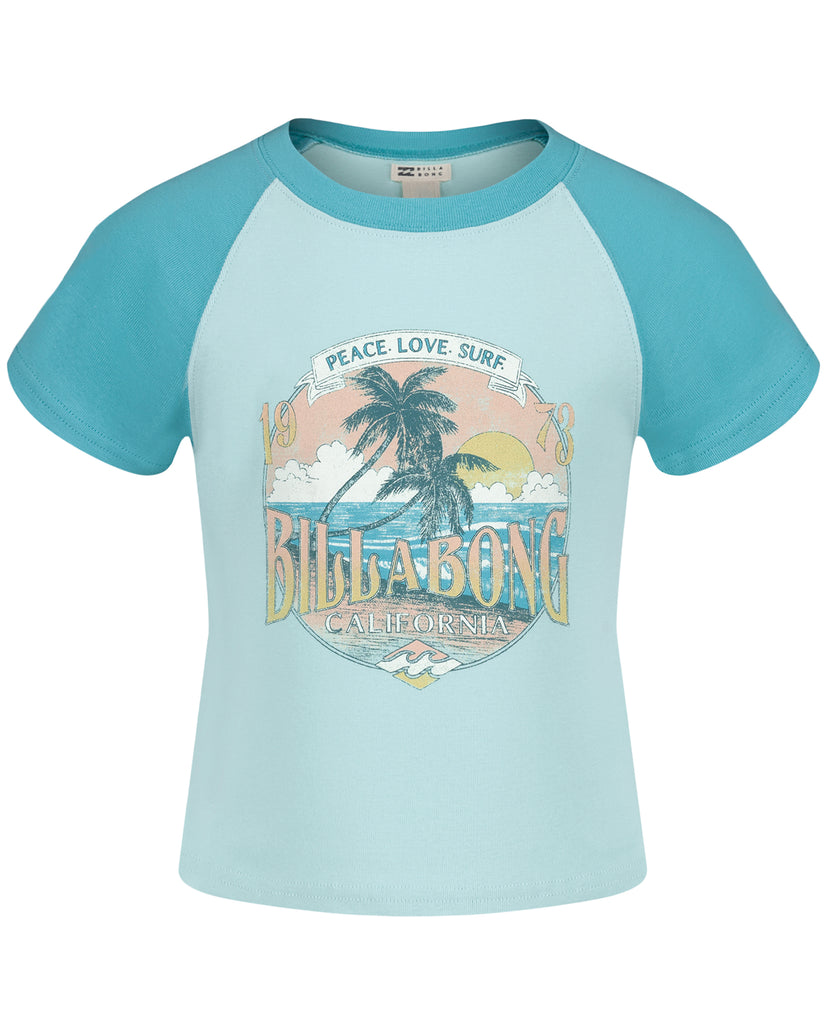 Girls' short-sleeve t-shirt with turquoise raglan sleeves and light blue front featuring a tropical palm tree graphic with "P