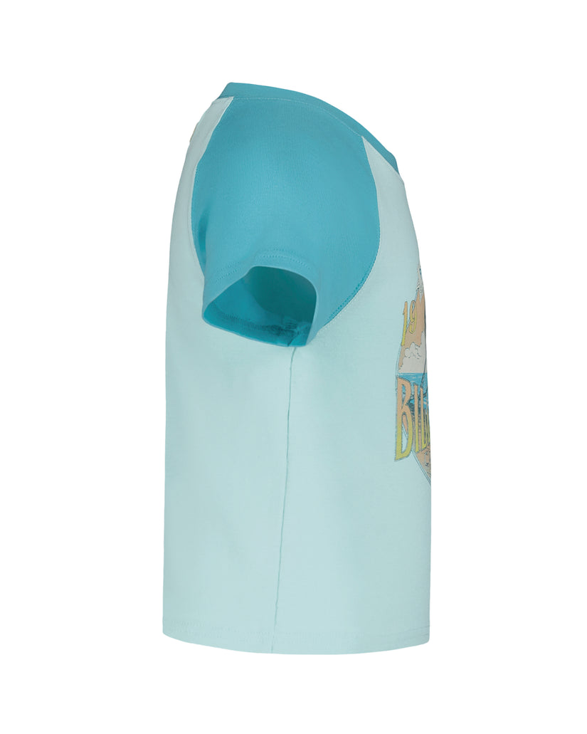 Light blue sleeveless t-shirt with teal back panel and tropical graphic print on front chest area.
