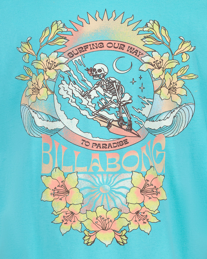 Turquoise t-shirt with skeleton surfing graphic, yellow flowers, sun, moon, waves, and "Surfing Our Way to Paradise" text wit