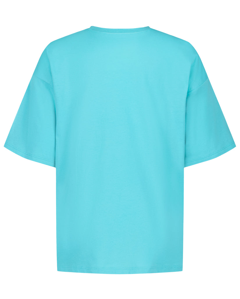 Turquoise oversized t-shirt with short sleeves and crew neckline, displayed flat against white background.