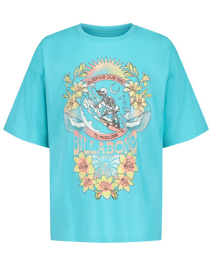 Turquoise oversized t-shirt with surfing-themed graphic featuring sun, flowers, waves, and "Billabong" text.