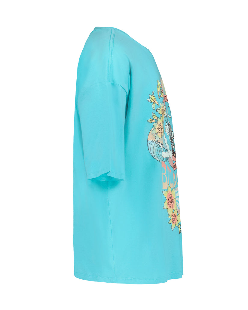 Turquoise oversized t-shirt with surfer girl graphic and sunflower design on the front.