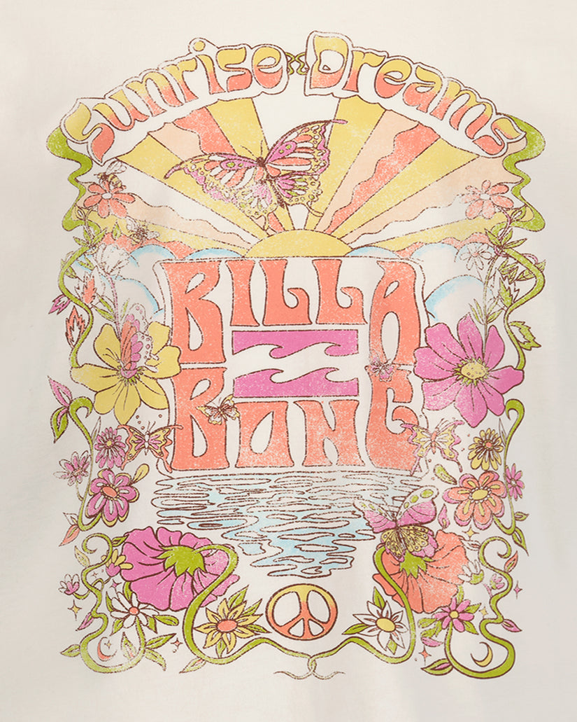 White t-shirt with "Sunrise Dream" and "Rilla Rout" text surrounded by illustrated sun, butterfly, flowers, water, and peace 