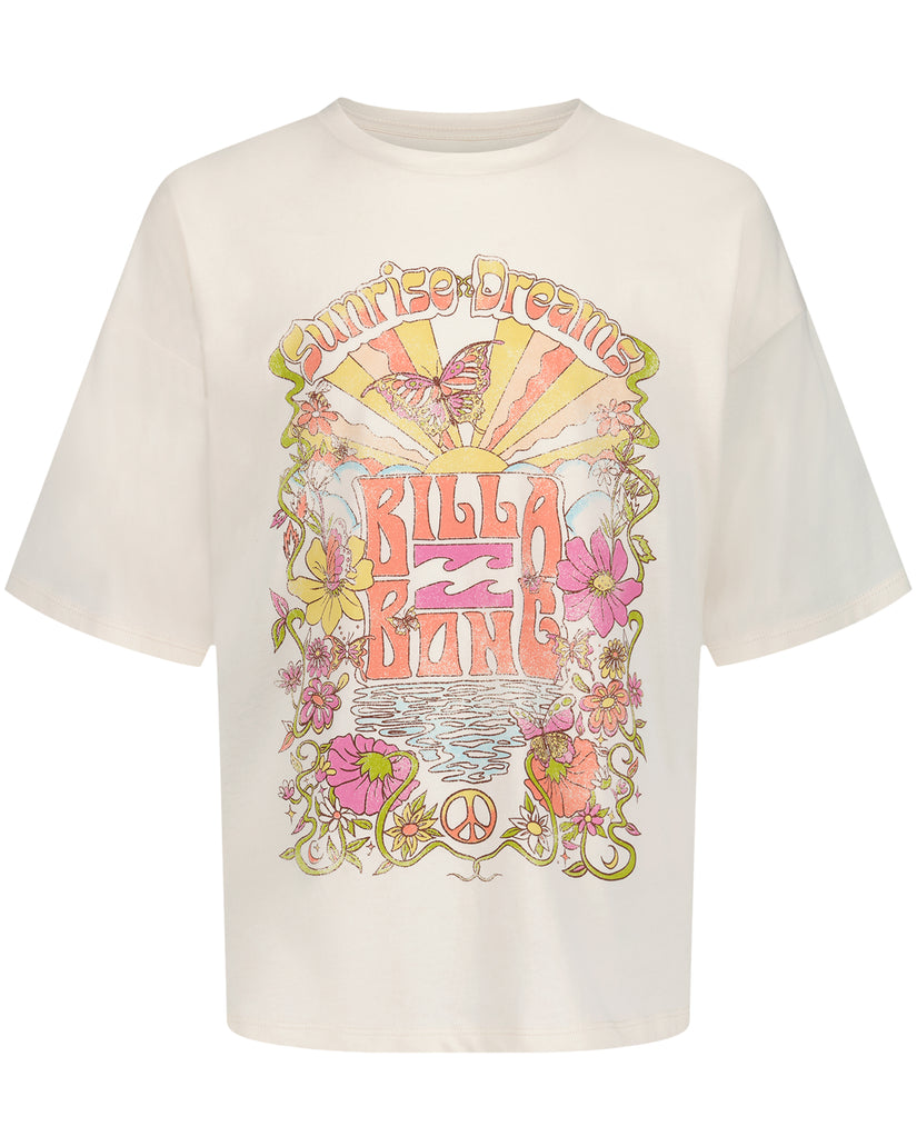 Cream oversized t-shirt with colorful graphic featuring sunrise, flowers, butterflies, and text design.