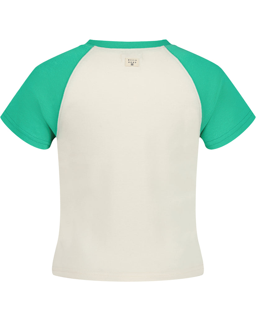 Girls' raglan t-shirt with cream body, green sleeves, and brand label visible at neckline.