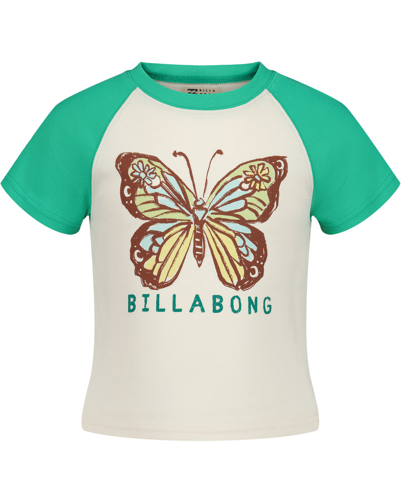 Cream and turquoise raglan t-shirt with brown butterfly stamp graphic and "Billabong" text on chest.