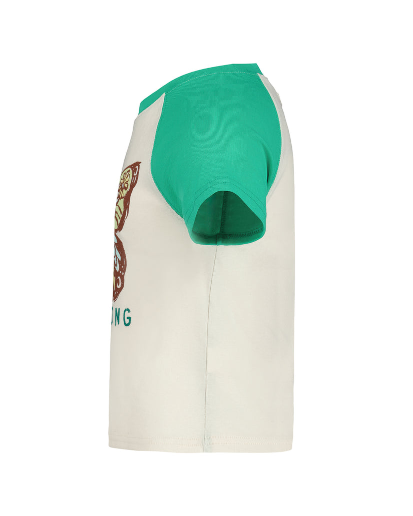 Cream and green short-sleeve t-shirt with brown butterfly stamp graphic and teal text on front.
