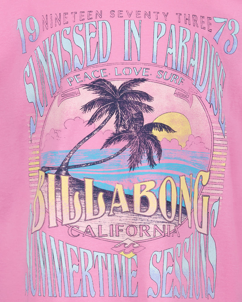 Pink t-shirt with turquoise and yellow sunset graphic featuring palm trees, ocean, and "Didabong California" text.