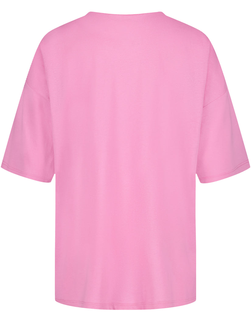 Pink oversized t-shirt with short sleeves, shown from the back.