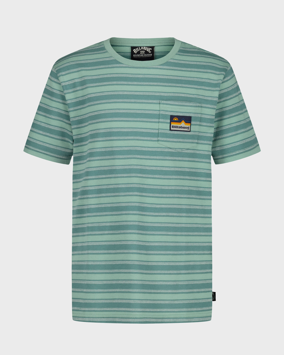 Boys short sleeve t-shirt in sage green with horizontal stripes and chest pocket patch.