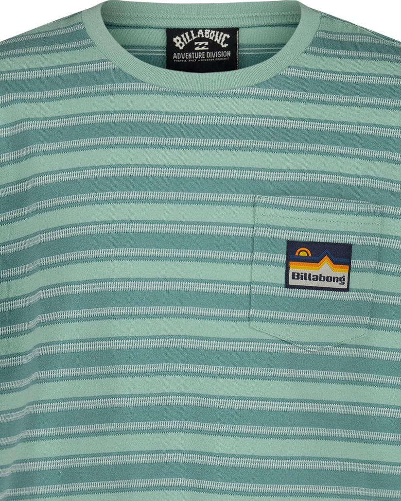 Sage green striped short-sleeve t-shirt with chest pocket and Billabong brand label.