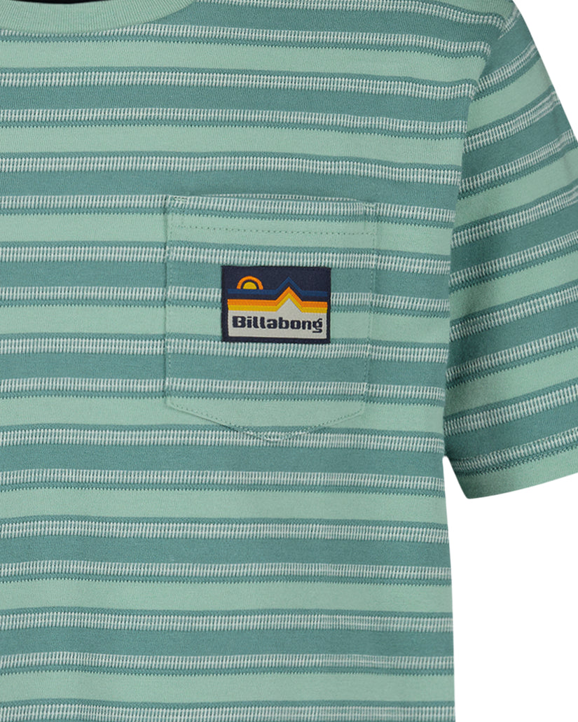 Green and white striped short-sleeve t-shirt with chest pocket and Billabong logo patch.