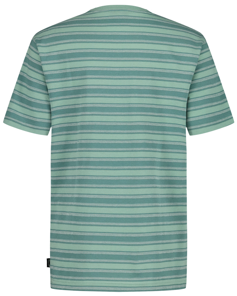 Boys' sage green striped short sleeve t-shirt with horizontal lines and chest pocket.