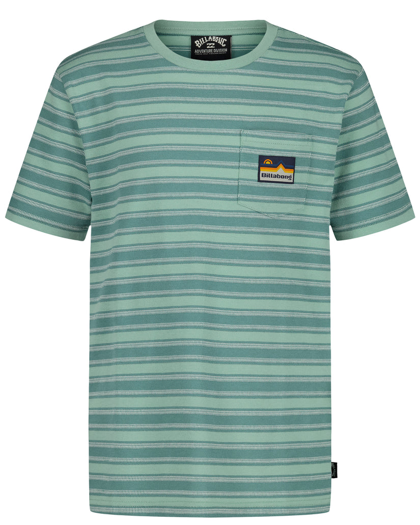 Boys sage green striped short-sleeve t-shirt with chest pocket and brand patch.