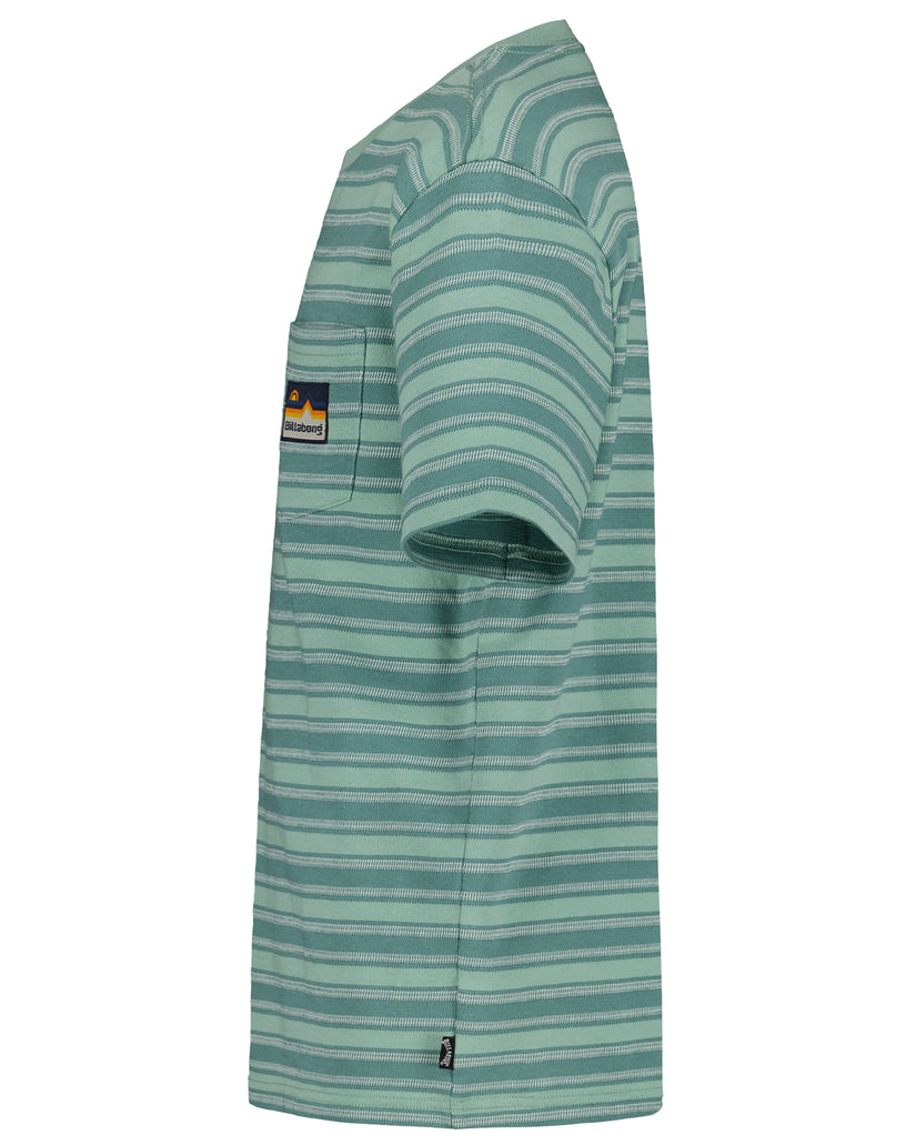 Boys' short-sleeve t-shirt in sage green with horizontal stripes and a chest pocket.