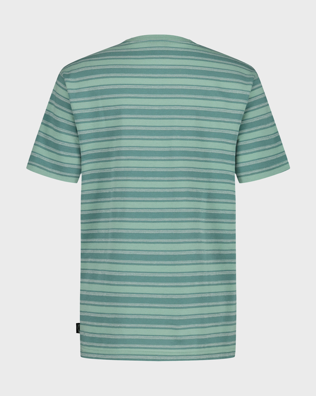 Green striped short sleeve t-shirt with horizontal lines and a chest pocket.