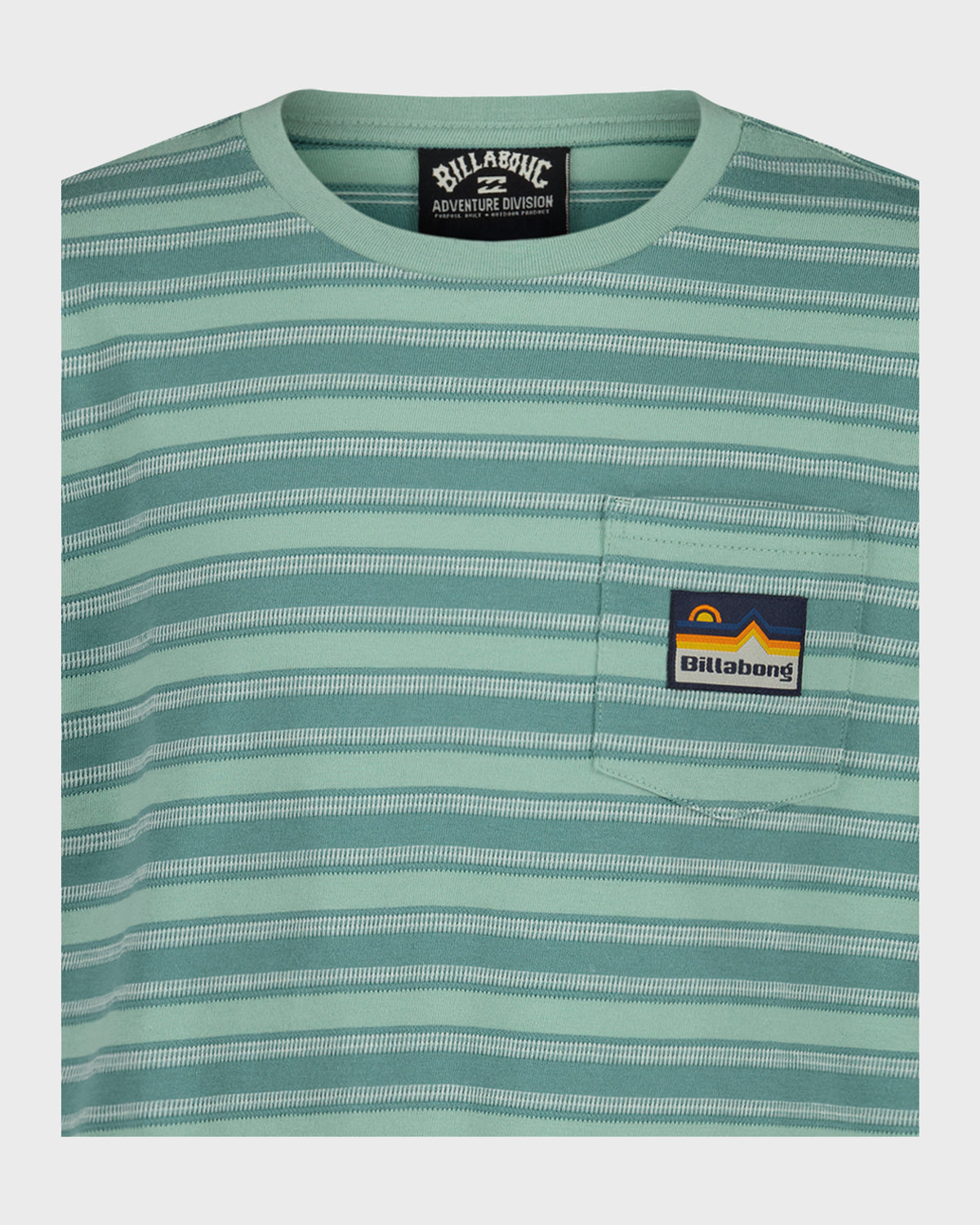 Boys short sleeve t-shirt in sage green with horizontal stripes and chest pocket patch.