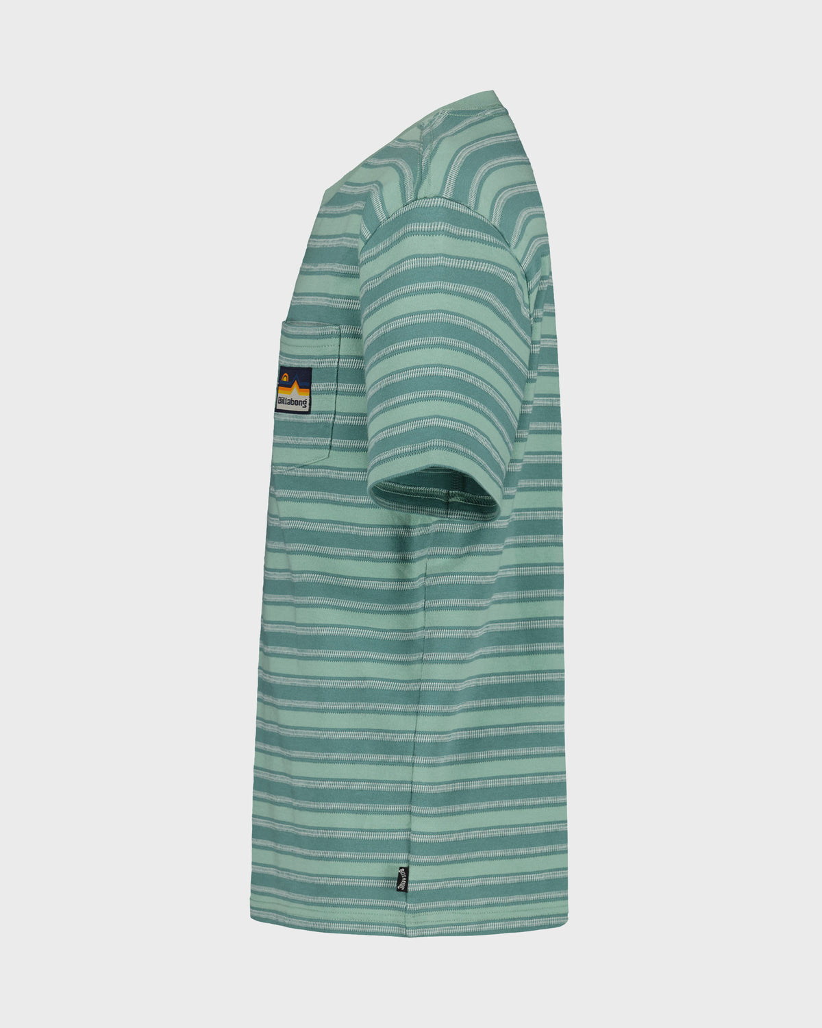 Boys short-sleeve t-shirt in green and teal horizontal stripes with chest pocket and small logo patch on sleeve.