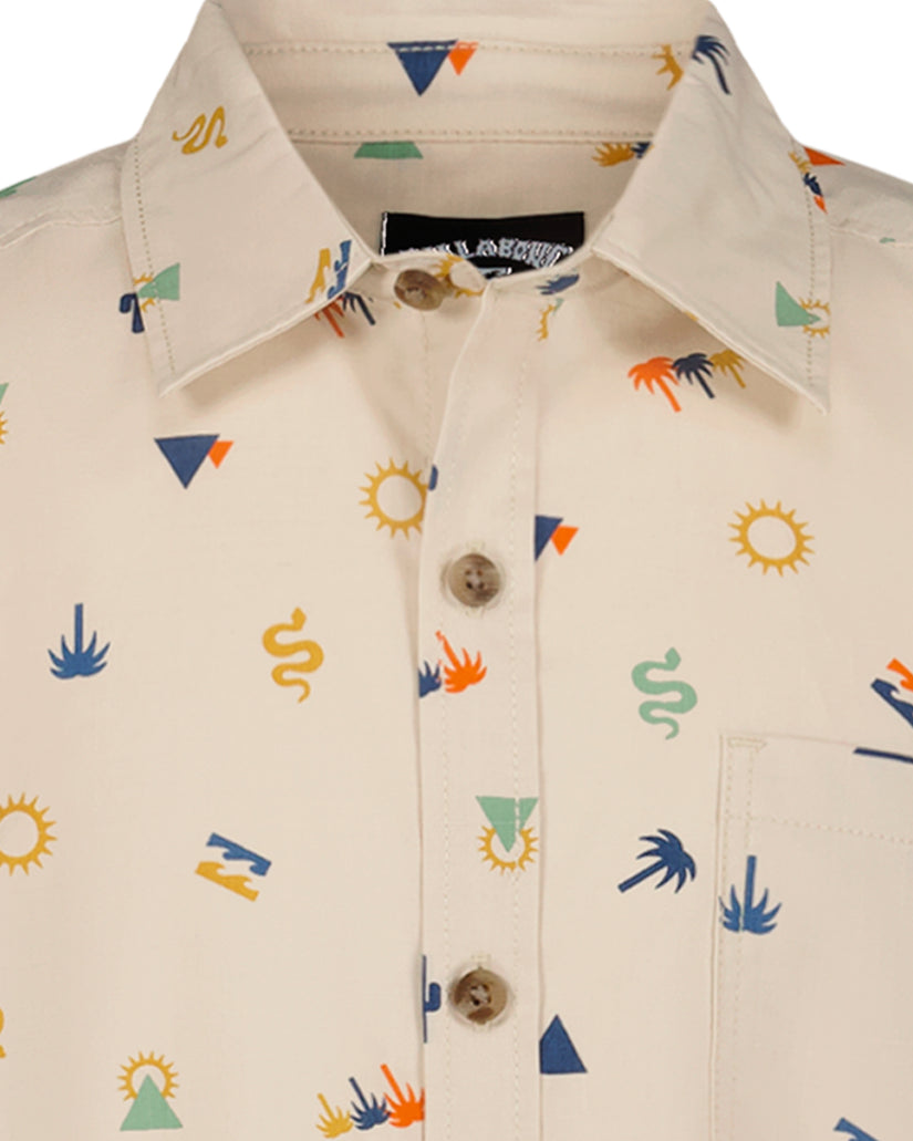 Cream short sleeve shirt with colorful geometric and nature-themed print including suns, palms, snakes, and triangles.