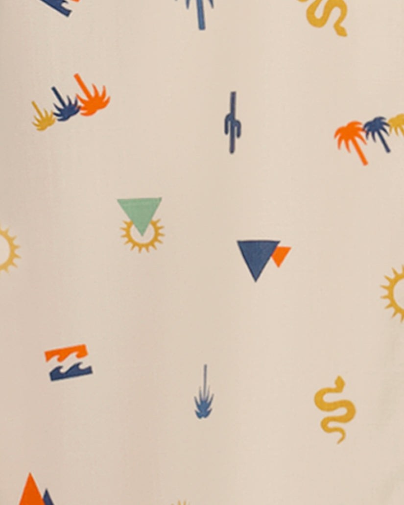 Cream-colored short sleeve shirt with scattered palm trees, suns, snakes, and geometric shapes in navy, orange, and yellow.
