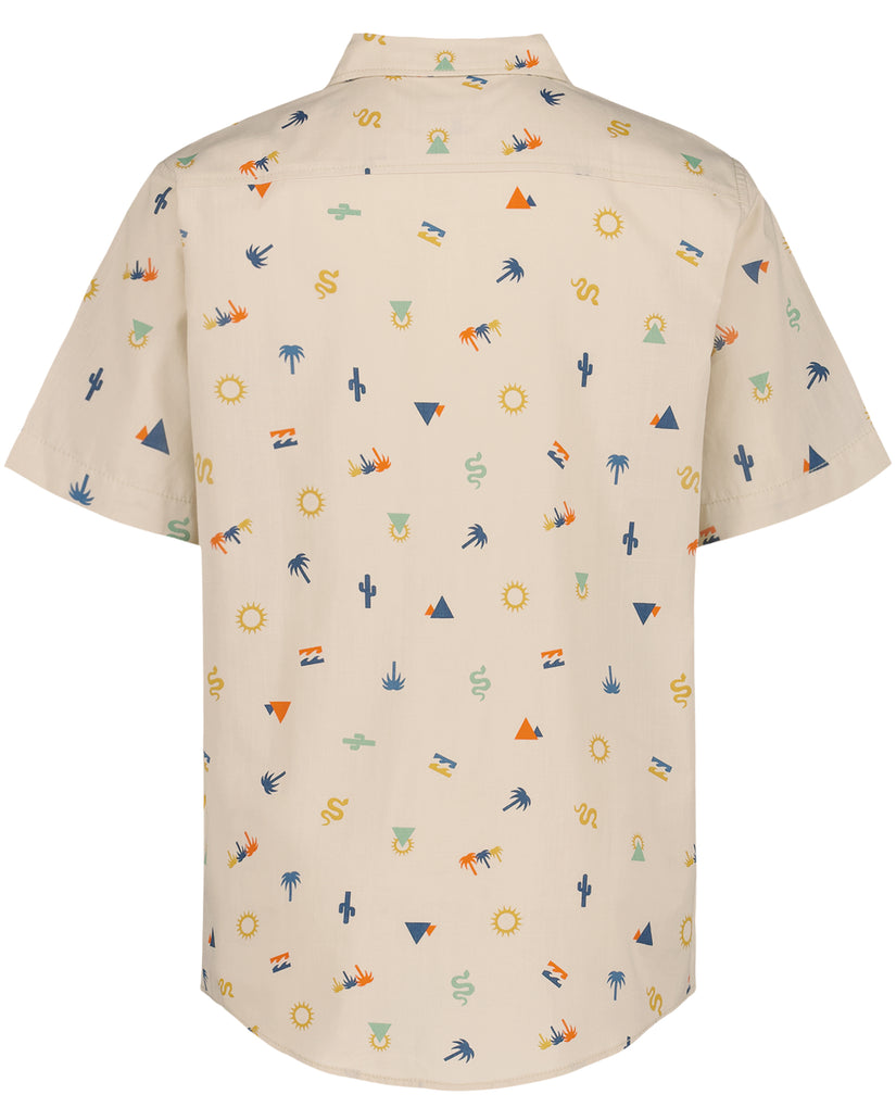 Cream short-sleeve button-up shirt with multicolored desert-themed print including suns, cacti, palms, and triangles.