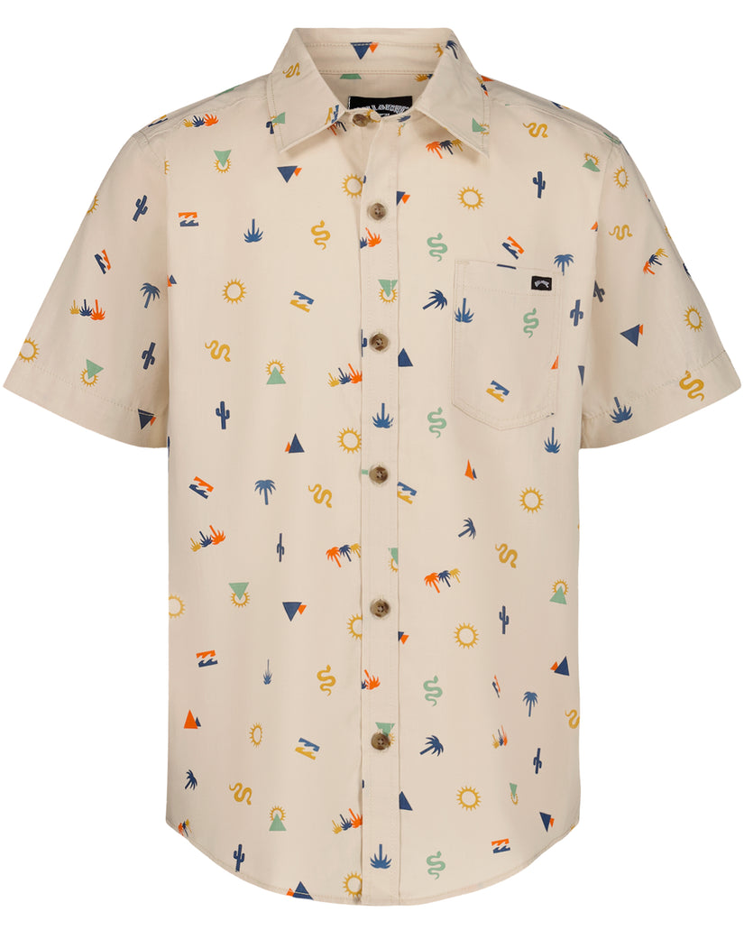 Beige short-sleeve button-up shirt with multicolored scattered print of suns, cacti, palms, triangles, and flags.
